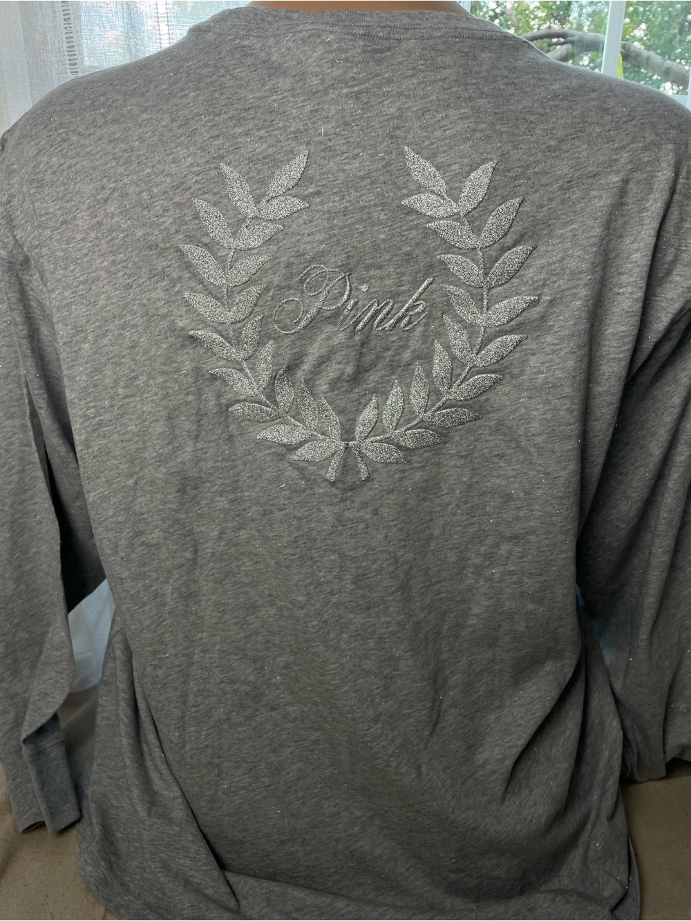 PINK Victoria's Secret Gray Embroidered Laurel Back Long Sleeve Tee